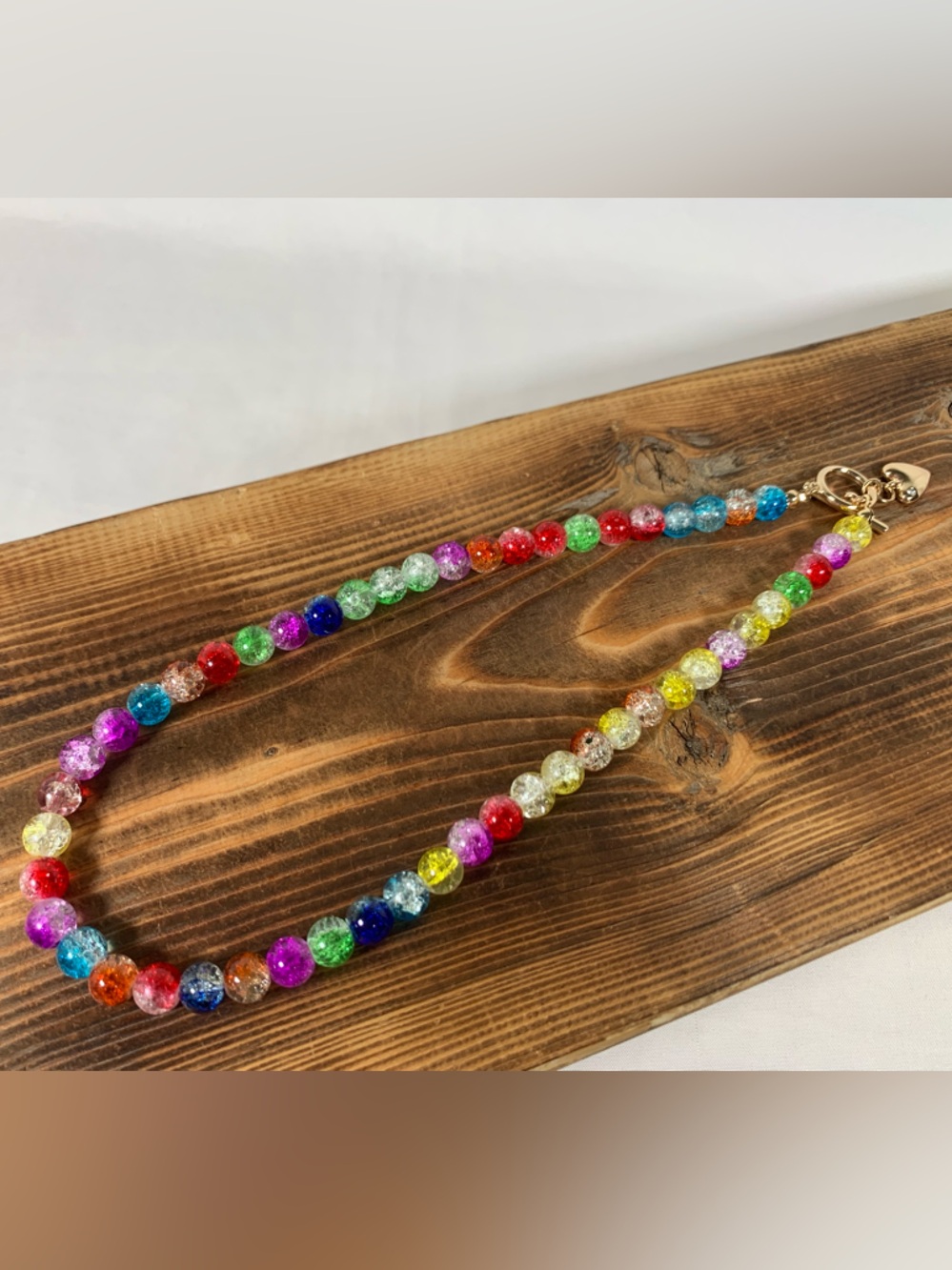 Carnival Rainbow Glass Crackle Bead Gold Tone Necklace 16.5” - Picture 6 of 11